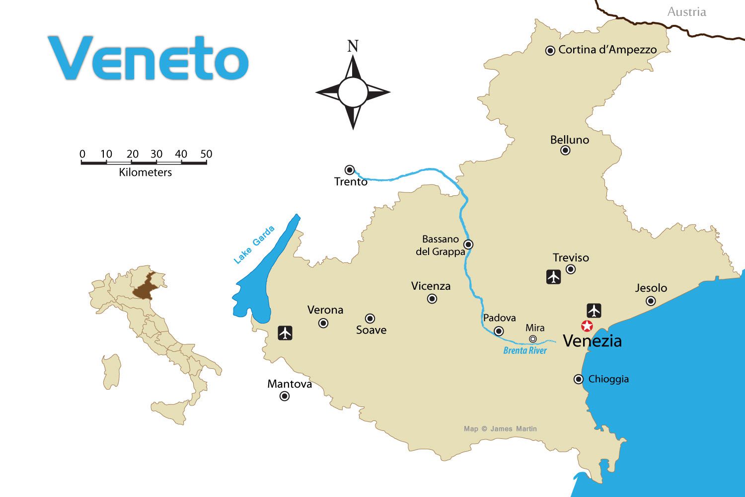 Vénétie dans le nord de l'Italie: carte touristique avec les villes
